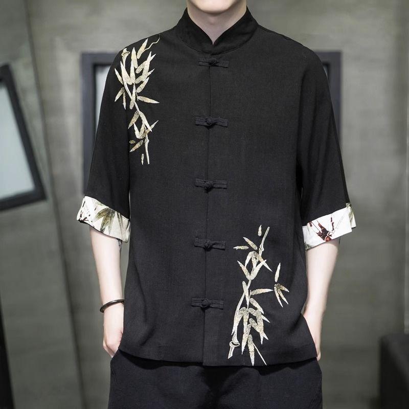 Summer Short Sleeved Shirt Men's Loose Jacket Chinese Style Button Top Tang Style Outfit