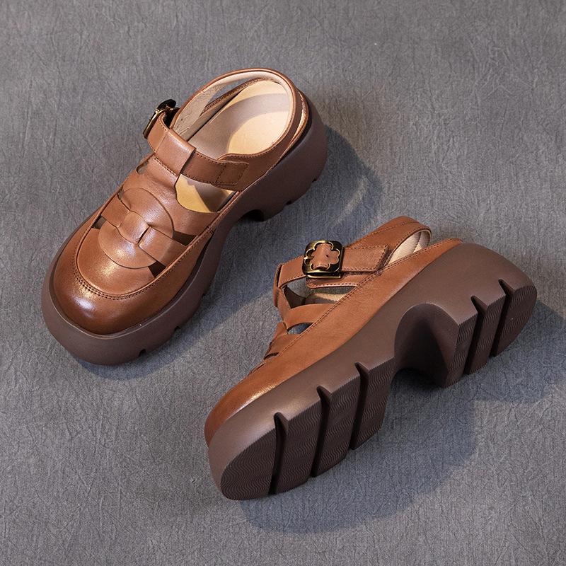 

Сандалии на платформе из коровьей кожи первого слоя, женские, лето 2025, новые, дышащие, полые лоферы на платформе, женские туфли-клетка из свиной кожи 40 коричневый