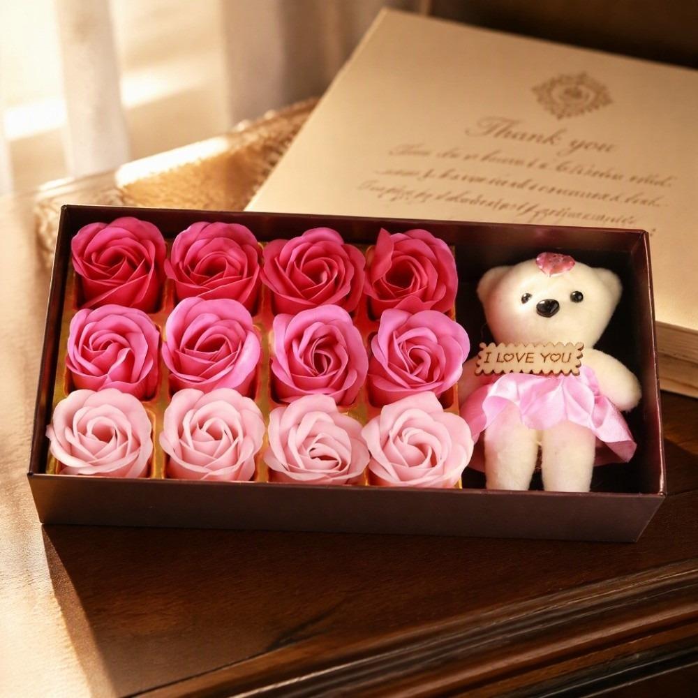 Pink Color Rose Flower Plush Bear 12 Bouquet Romantic Bear Soap Flower Bear  Romantic Occasion