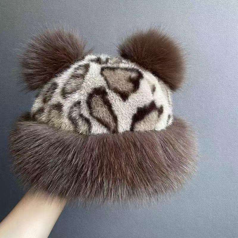 Faux Mink Leopard Print Bear Ear Hat - Autumn/Winter Women's Fashion Staple.