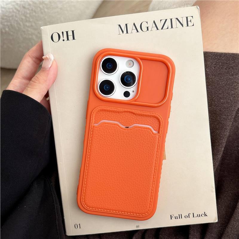 

Apple 17 Pro Max Lychee Leather Texture Case with iPhone 16 Lens Frame and Card Holder - Drop-Proof Protective Cover 17Pro оранжевый