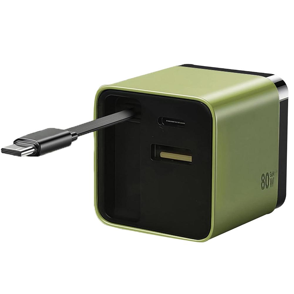 

Зарядний пристрій GaN 3 в 1 з кабелем Type-C та 2 портами USB Масштабований модуль швидкої зарядки 80 Вт Макс Висувний зарядний пристрій для телефону Настінна вилка зелений