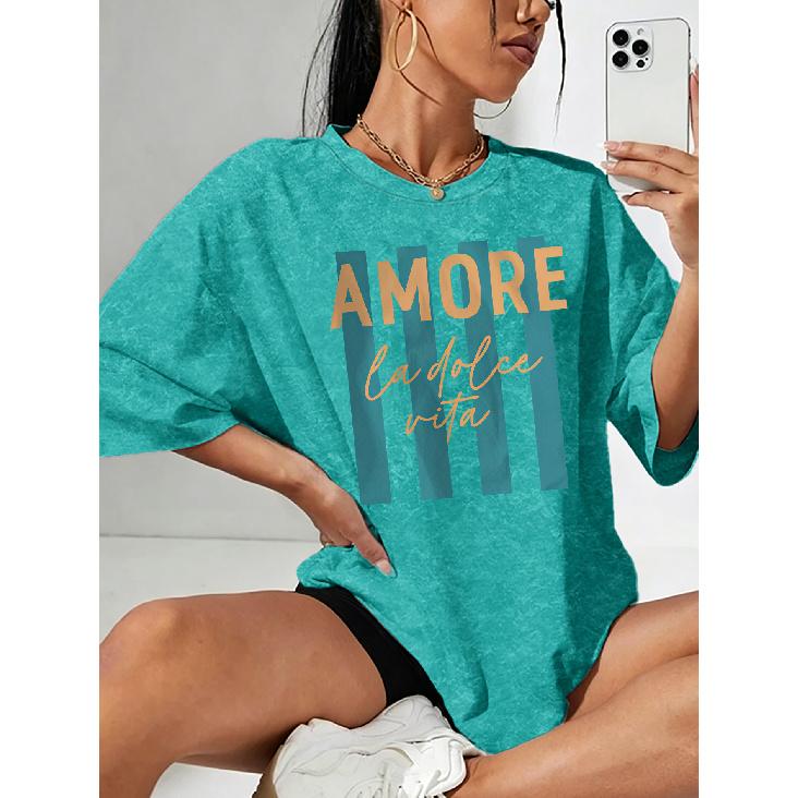 Summer New AMORE la dolce vita Letter-printed snowflake short-sleeve shirt T Shirt Top Round neck, light and breathable, suitable for spring, summer, S озеро синий