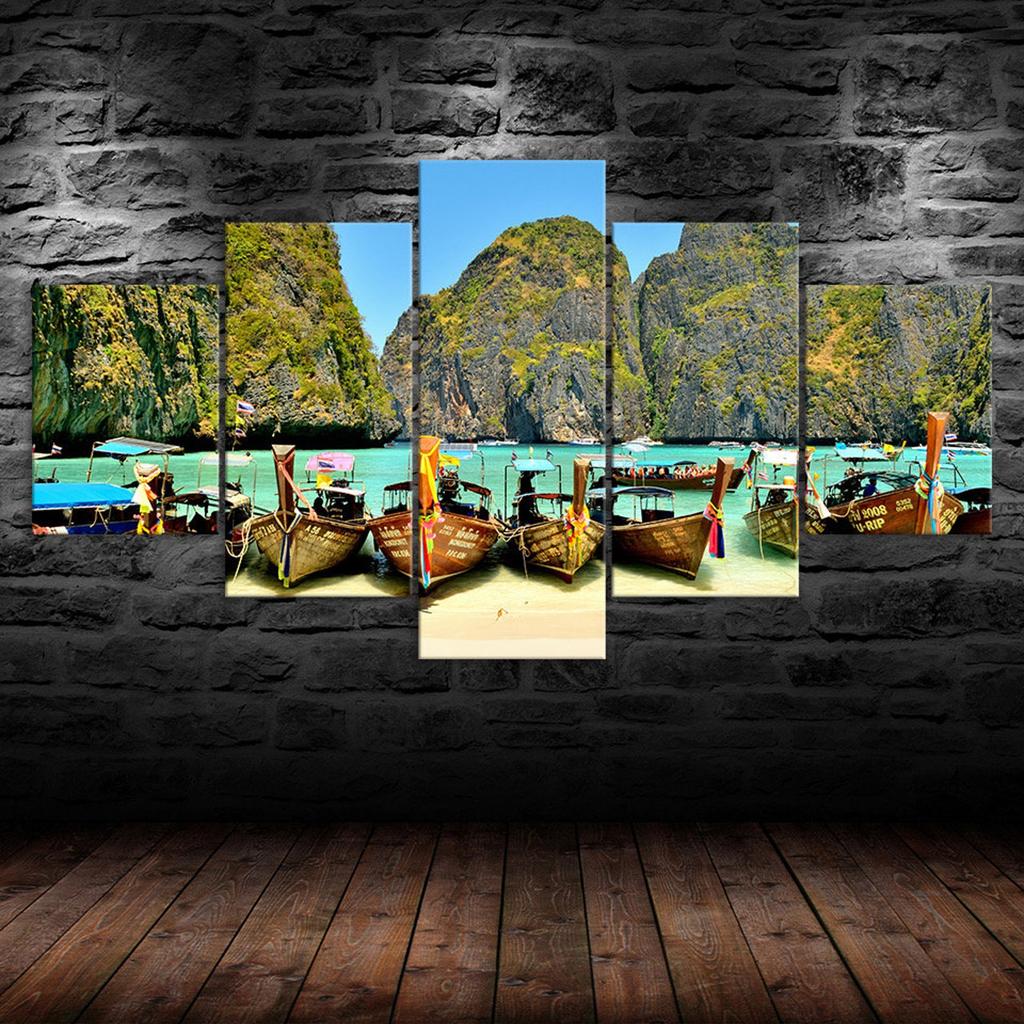 Thailand Beach Island Boat Tours Scenery 5 Piece Five Panel Wall Canvas Print Modern Art Poster Home Decor Gift For Him For Her