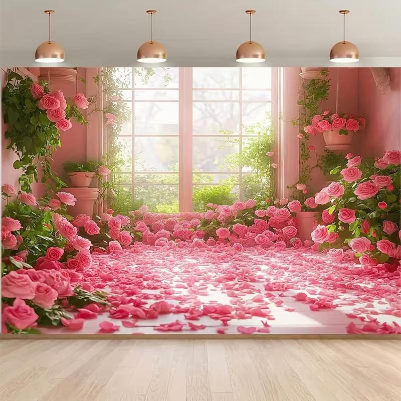 2D Pink Rose Room Backdrop, Floral Window Photography Background for Valentine's Day