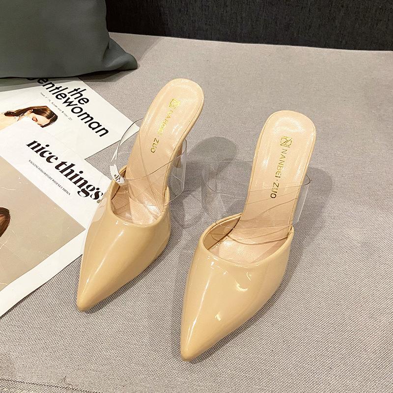 Large size slippers, new Korean version of high-heeled sandals, thin heels, one-word transparent with bag head and half-towed outer slippers