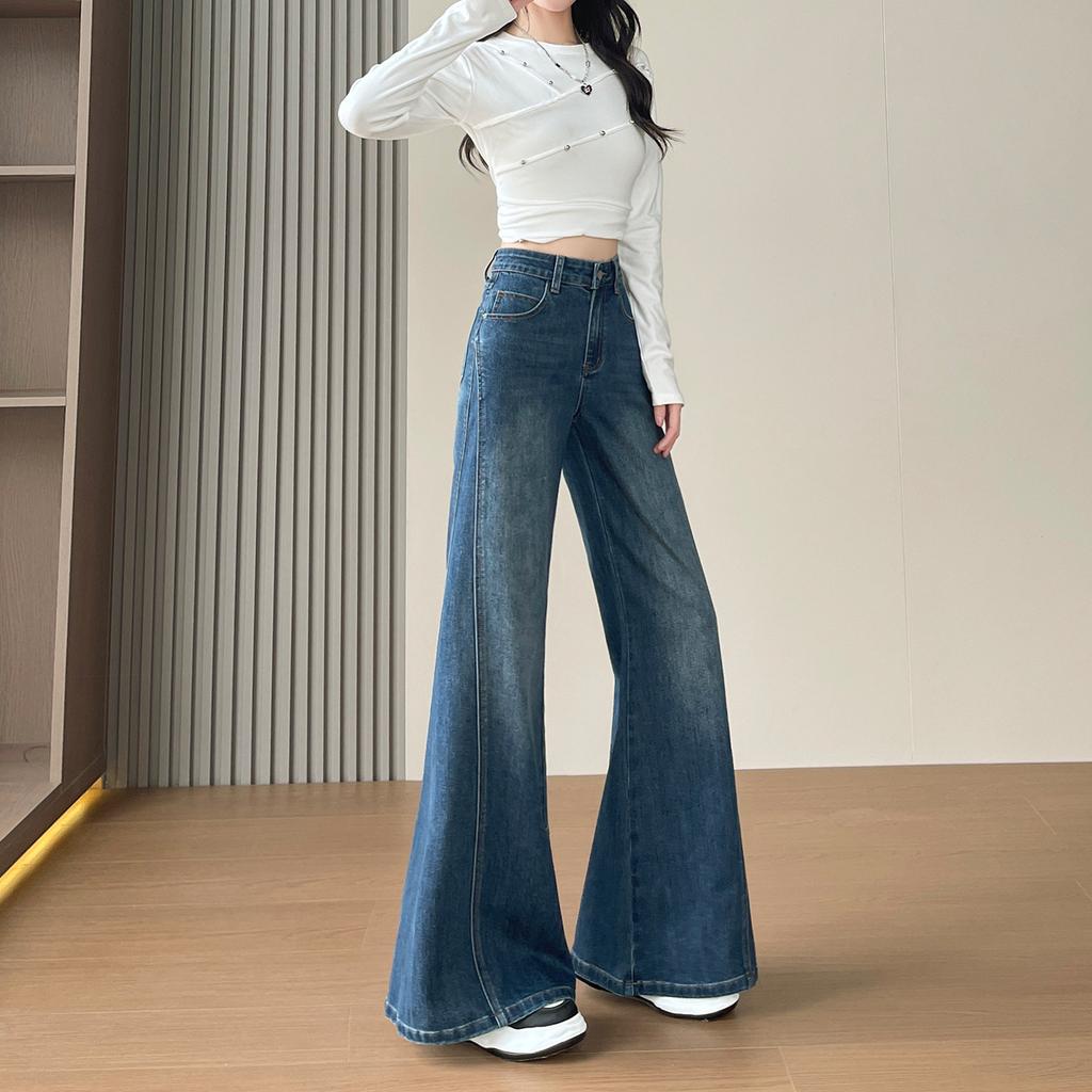 Retro tooling big horn jeans women's autumn new thin loose meat covering fat MM big foot wide leg pants