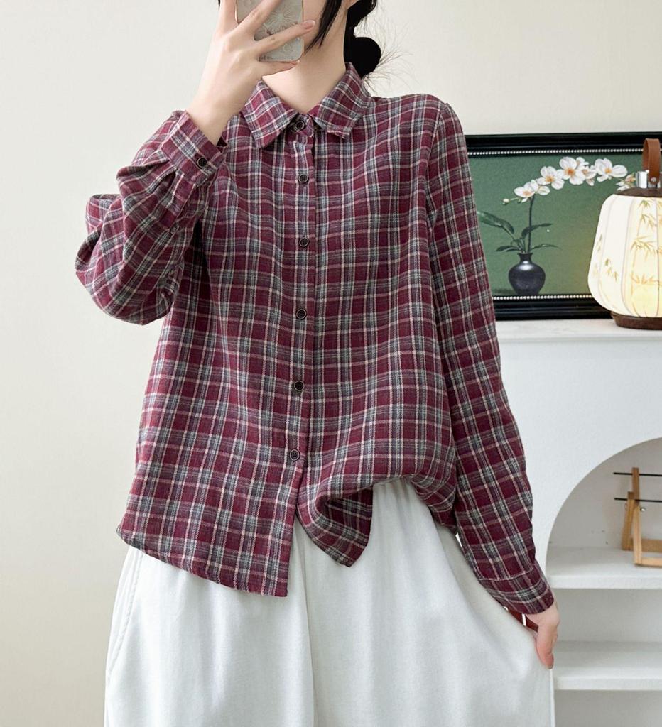 Women's 2026 Early Spring Brushed Cotton Plaid Shirt - Korean Retro Hong Kong Style, Long Sleeve, Niche, Lazy Chic