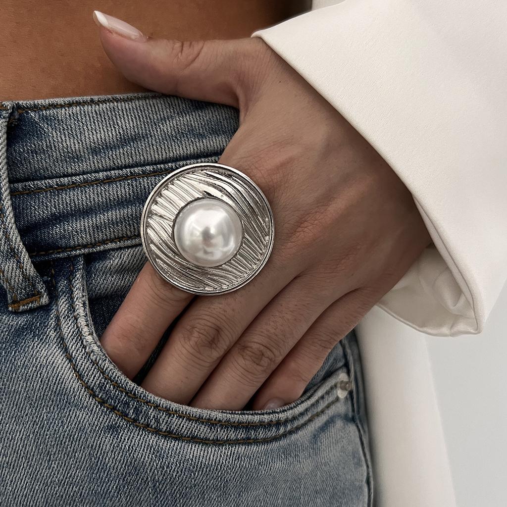 Punkové Exagerované Nepravidelné Kovové Široce Otevřené Nastavitelné Prsteny pro Ženy Imitace Perly Geometrické Prsteny na Prst Pánské Šperky