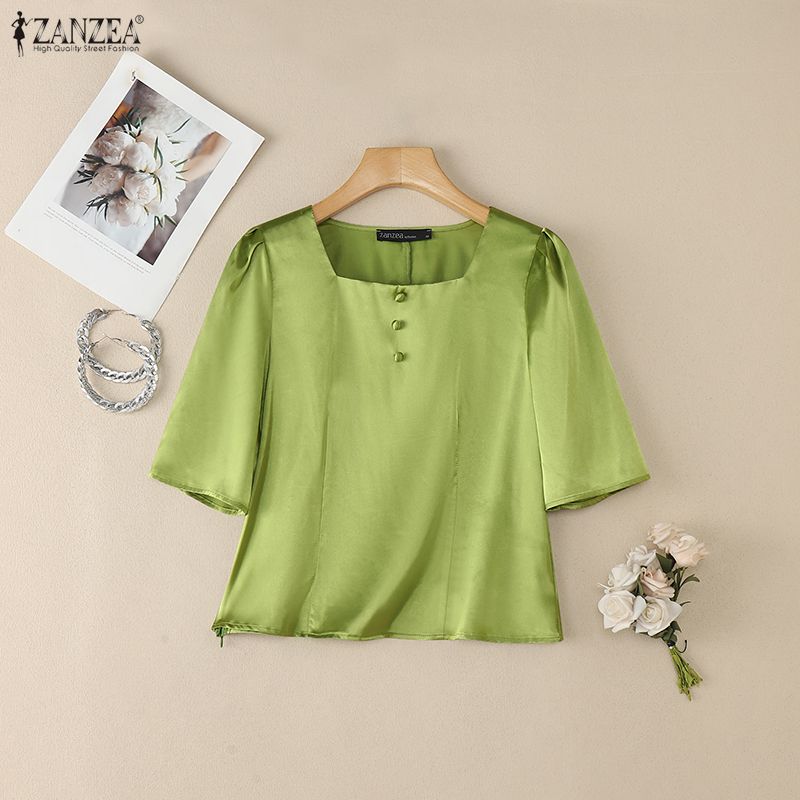 ZANZEA Women Casual Square Collar Summer Half Sleeve Blouse