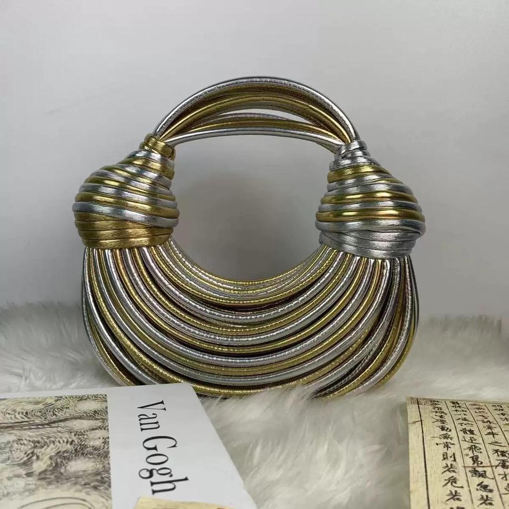 Handbags for Women 2025 New Gold Luxury Designer Brand Handwoven Noodle Bags Rope Knotted Pulled Hobo Silver Evening Clutch Chic