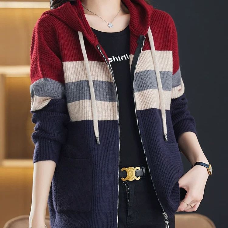 

Женский осенне-зимний свободный кардиган крупной вязки в полоску с длинным рукавом и цветными блоками XXXL красный