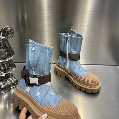 New Korean Style Fashion Short Boots Women Denim Thick Sole Women Shoes Retro Belt Buckle Ankle Boots for Women 2024