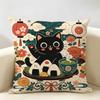 Kawaii Black Cat Ramen Noodle Cushion Cover Durable Hypoallergenic Organic Linen Short Pillow Cover Washable