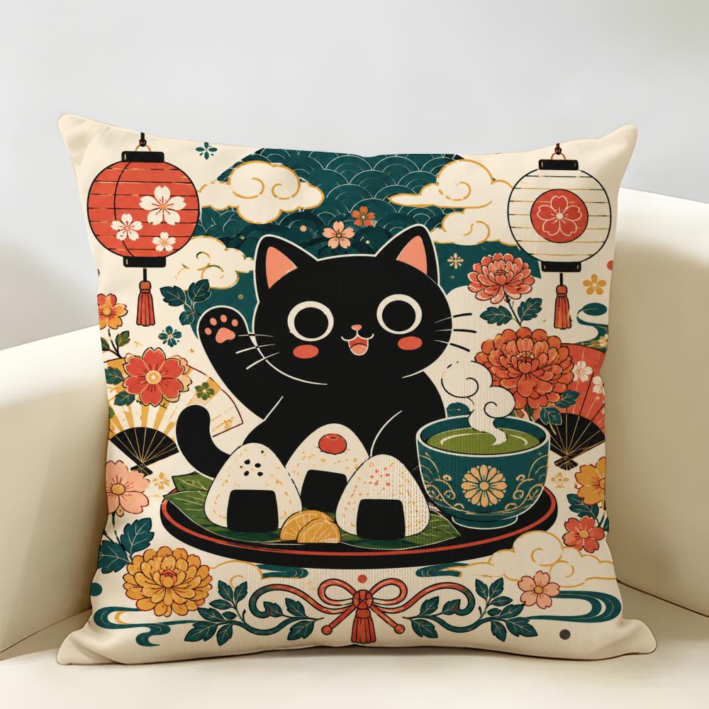 Kawaii Black Cat Ramen Noodle Cushion Cover Durable Hypoallergenic Organic Linen Short Pillow Cover Washable