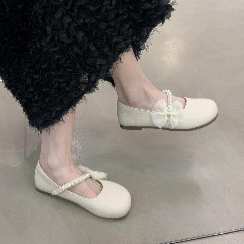 Fashion Hot Selling 2025 Spring New Lace Versatile Bow Flat Bottom Mary Sandal Women's Single Shoe Pearl One Step Soft Bottom with Skirt