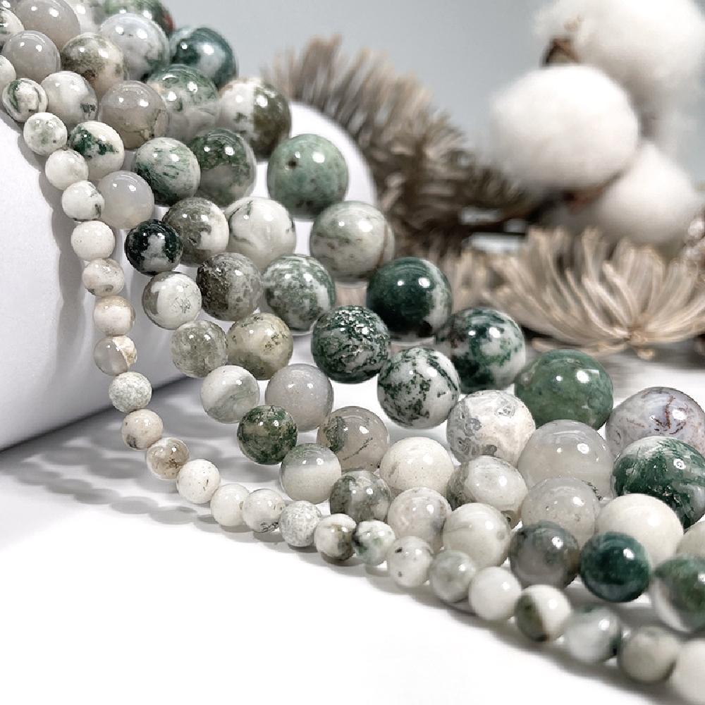 Green Tree Agates Natural Stone Round Beads 15"Strand Smooth Loose Spacer Beads 4/6/8/10/12mm for Jewelry Making DIY Bracelets Charms Accessories