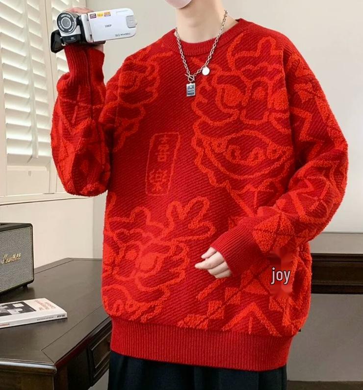Men s 2025 Big Red Sweater: Trendy, Warm, Loose Knit for Autumn/Winter 2XL