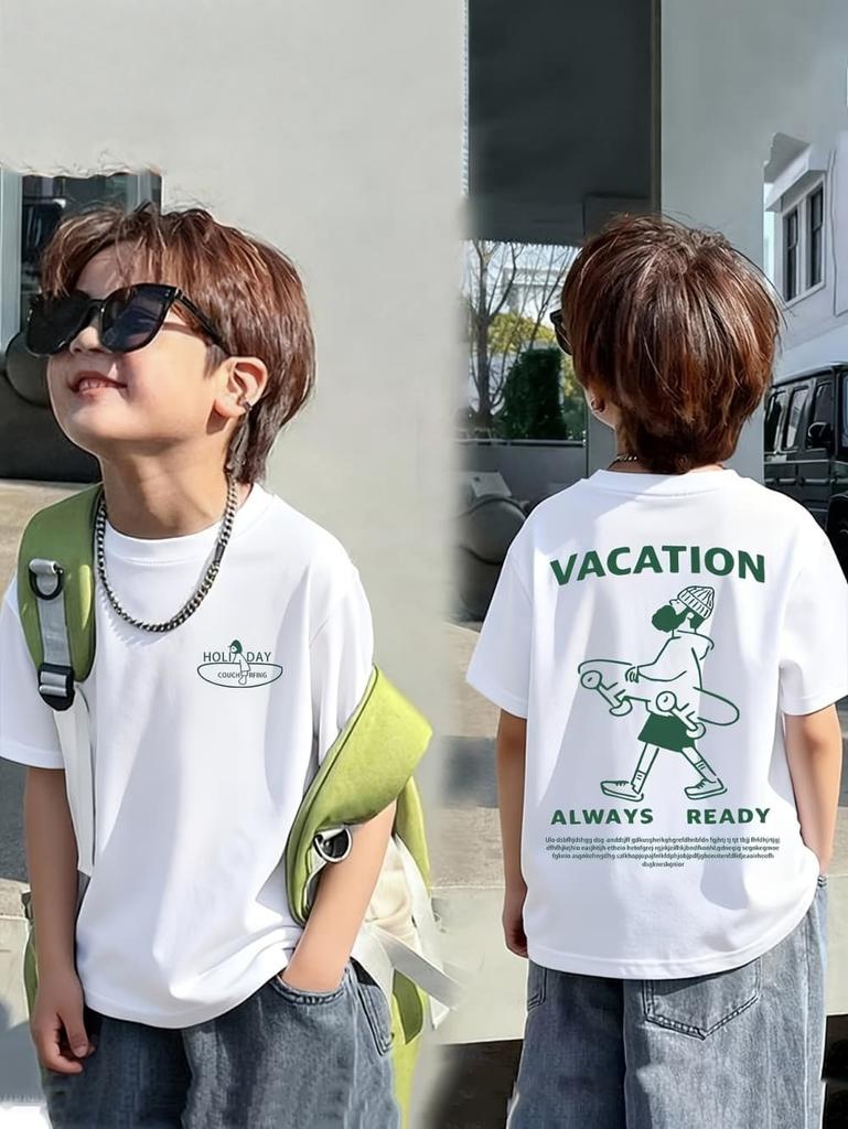 Boys' Cartoon Pattern Short Sleeve T-Shirt Loose Fit Summer Casual Wear Fashion Casual Round Neck T-Shirt Children's Clothing