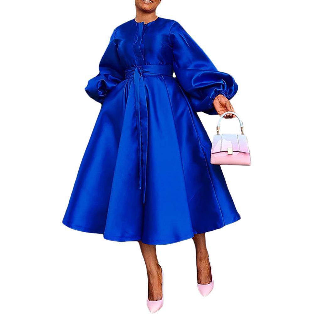 European & American Women's Solid Color Shiny Lantern Sleeve Dress