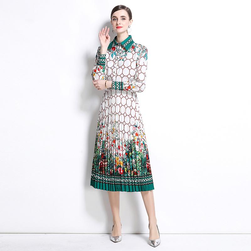 Spring Summer Designer Print Runway 2 Piece Set Women's Lapel Shirt Tops And Pleated Skirt Office Party Outfits