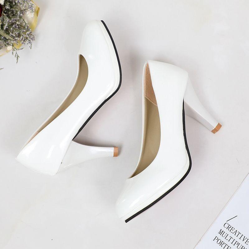 10CM high heels waterproof table cosplay universal black leather shoes round head women patent leather work shoes