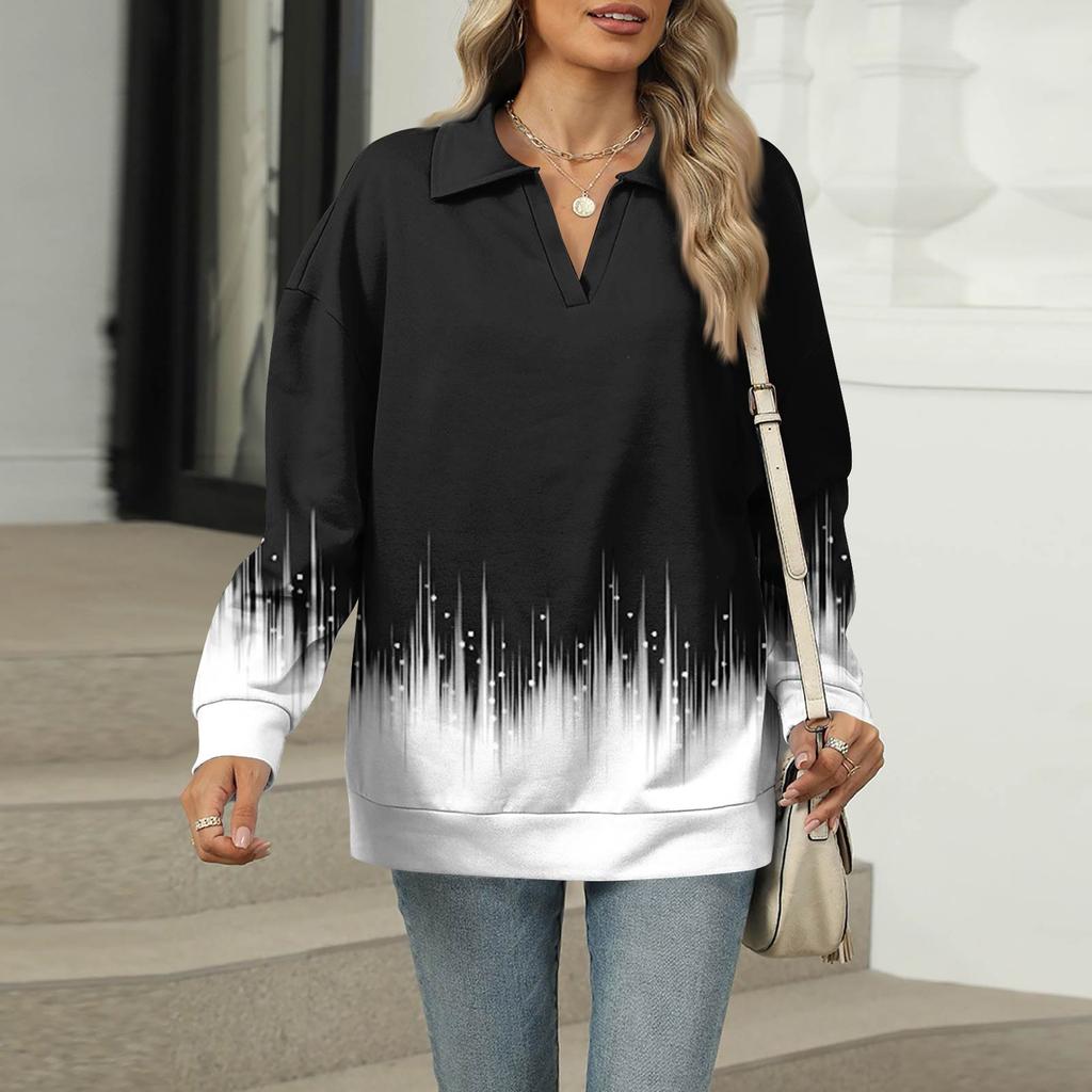 Women's Summer Fashion Casual  Printed V-Neck Long Sleeve Shirt Top
