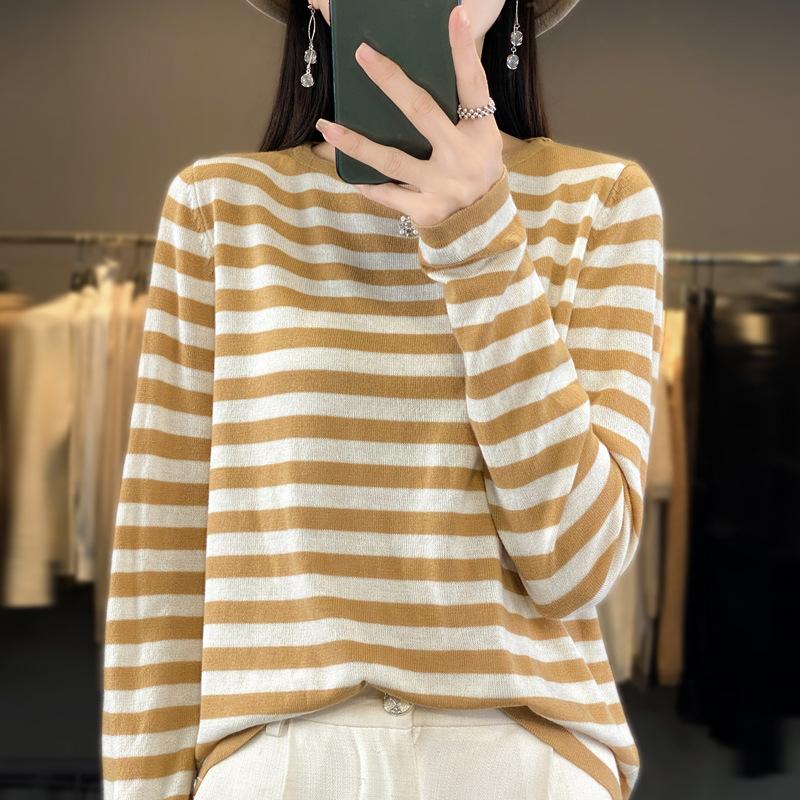 YYFS Women's Fashion Casual Stripe Print Autumn Winter Long Sleeve O-Neck Pullovers & Long Sleeves