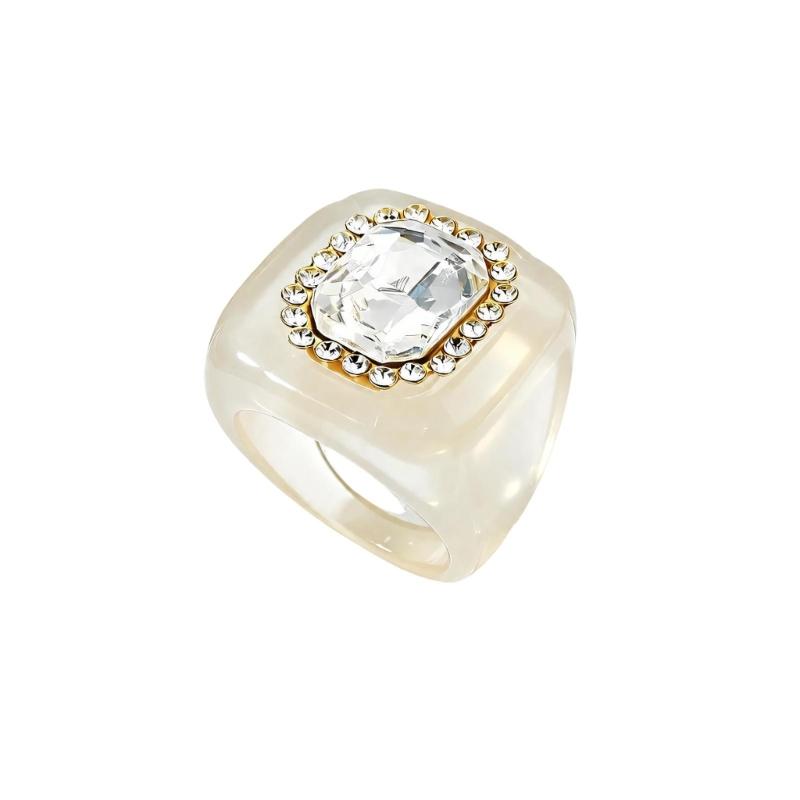 See-Through Resin Fashion Ring with Bold Square Profile, Raised Faceted Centerpiece and Accent Border for Outfit Styling