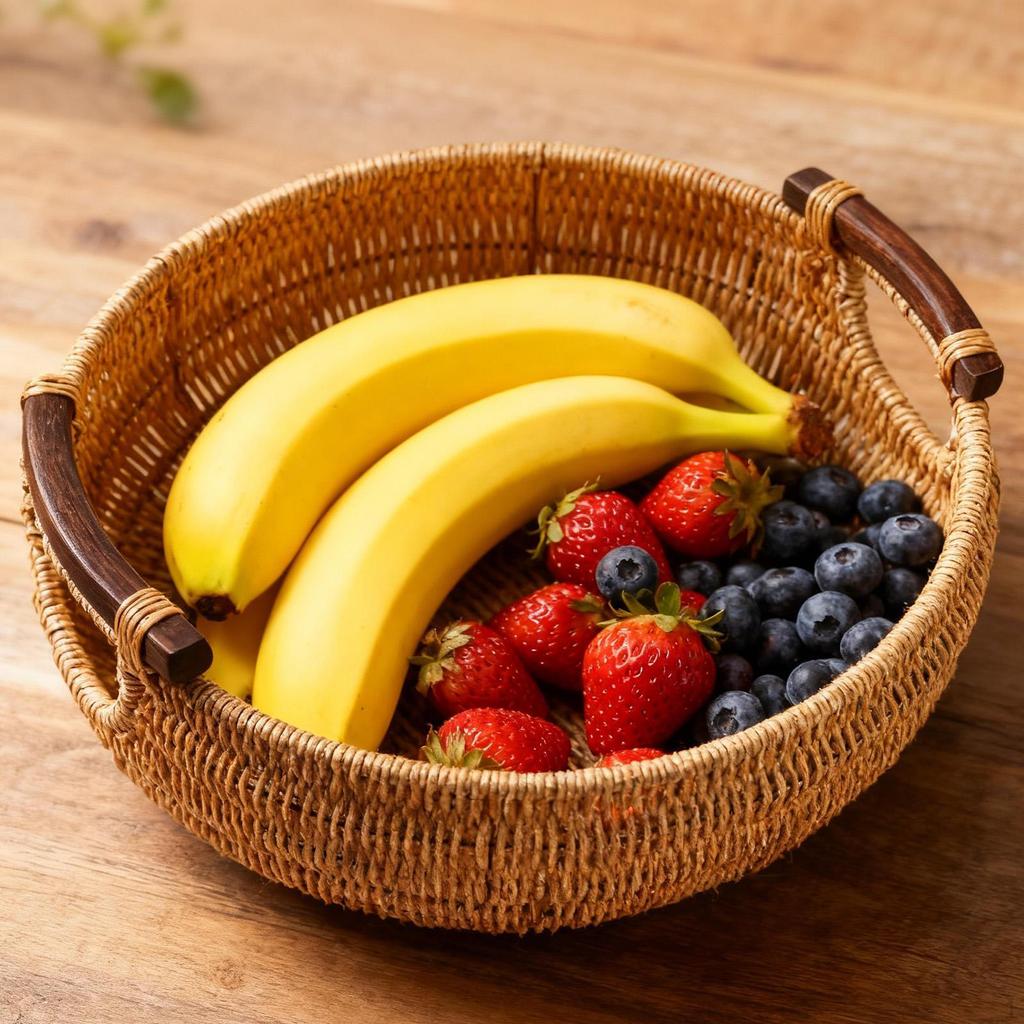 Woven Round Fruit Basket Bowl Display Dish Organizer Imitation Rattan Food Serving Tray for