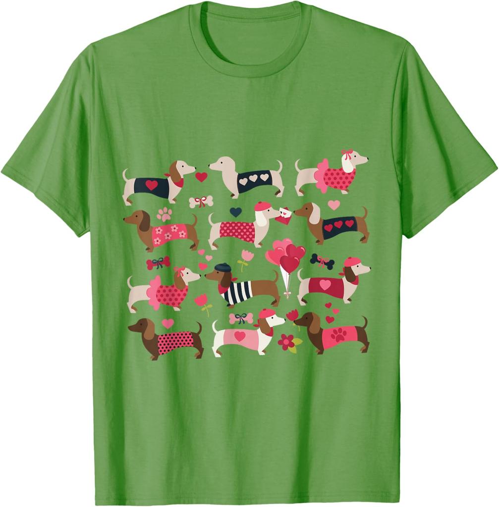 Dachshund Weiner Dog Valentine Heart Print Graphic T-Shirt Casual Daily Crewneck Tee