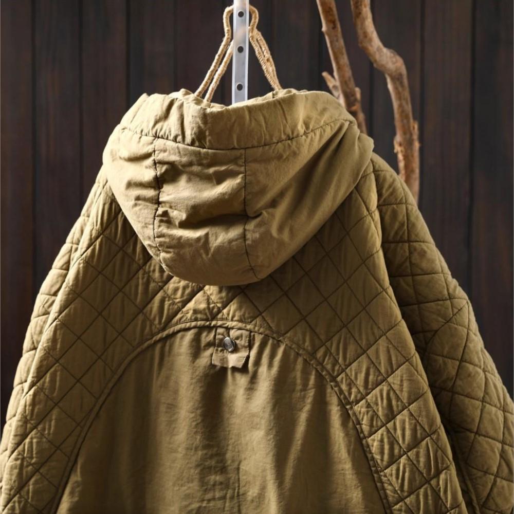 Johnature Women Vintage Winter Hooded Solid Color Button Zipper Coats 2025 Solid Color Patchwork Pockets Casual Coats