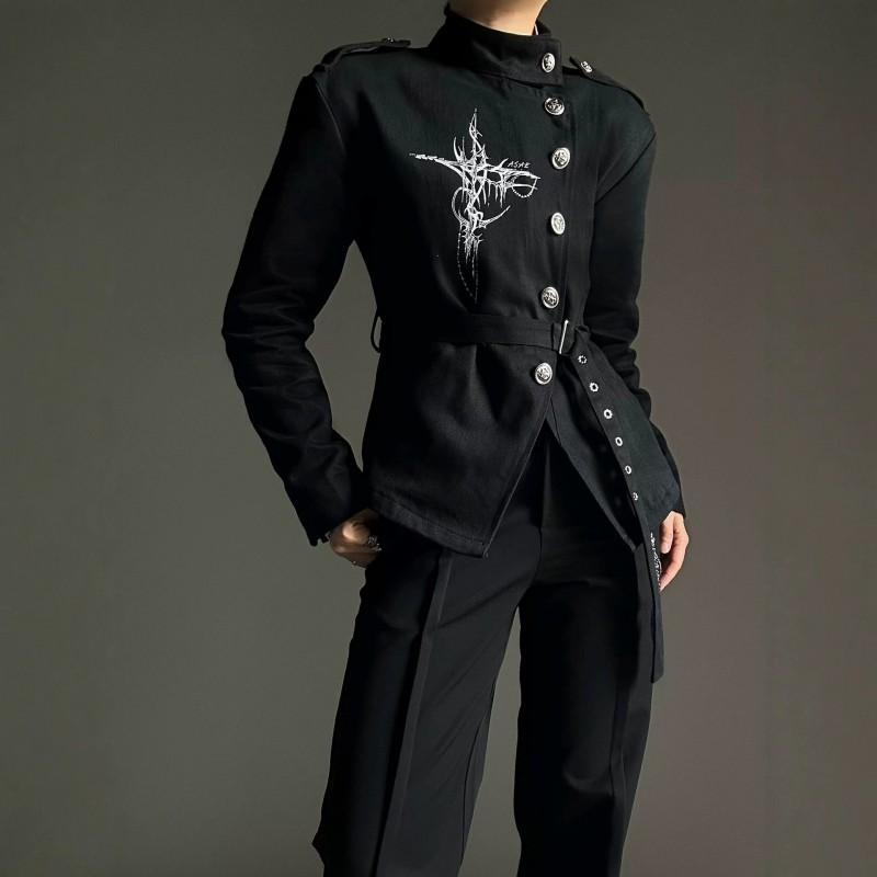 Dark Yamamoto Style Printed Jacket Retro Court Belt Buckle Casual Coat Teens Loose Fit