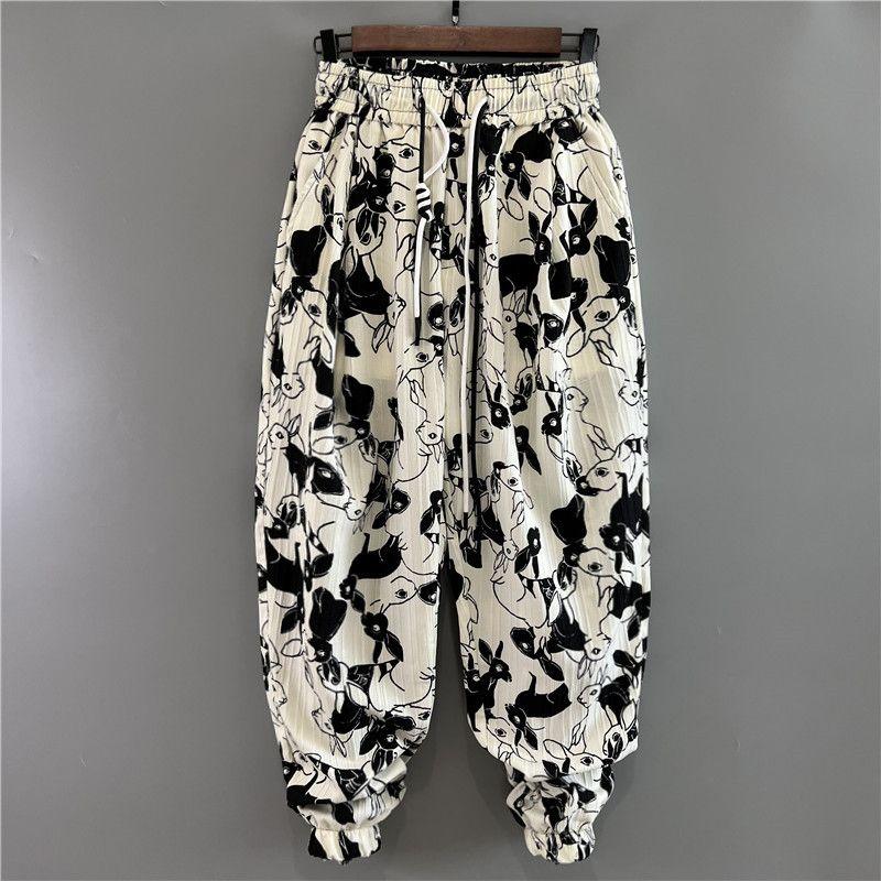 Casual Autumn Trousers Season Thin Handsome Men's Trendy Loose Tie Feet Harem Cropped Pants Print