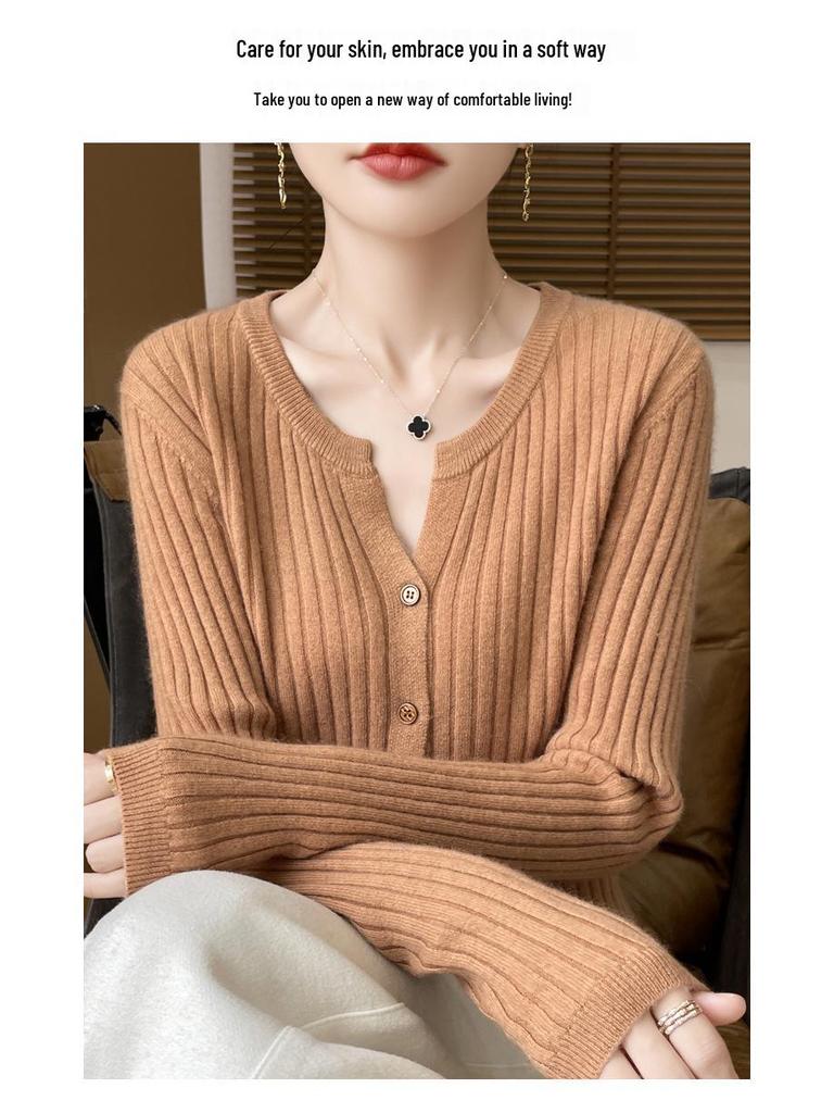 Autumn Korean Slimming V-Neck Wool Cardigan - Women's Long Sleeve Loose Fit