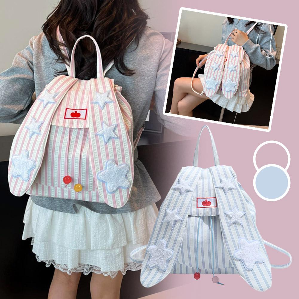 Cute Rabbit ears Backpack Star Patch Stripes Large capacity Cute Schoolbag Korean Casual Commuting Outdoor Schoolbag