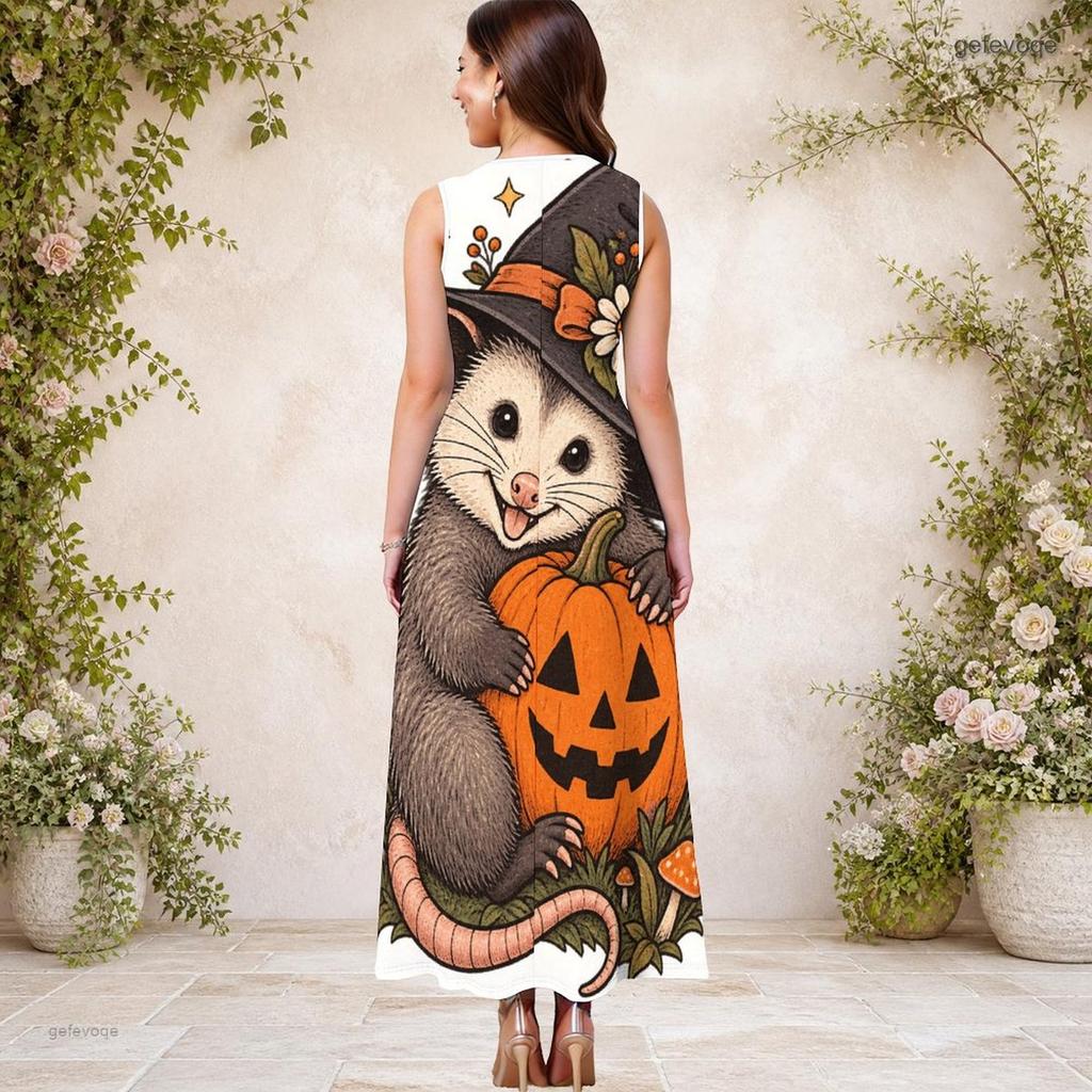 Women Plus Size Keyhole Neck Sleeveless Halloween Sloth Print A Line Long Dress