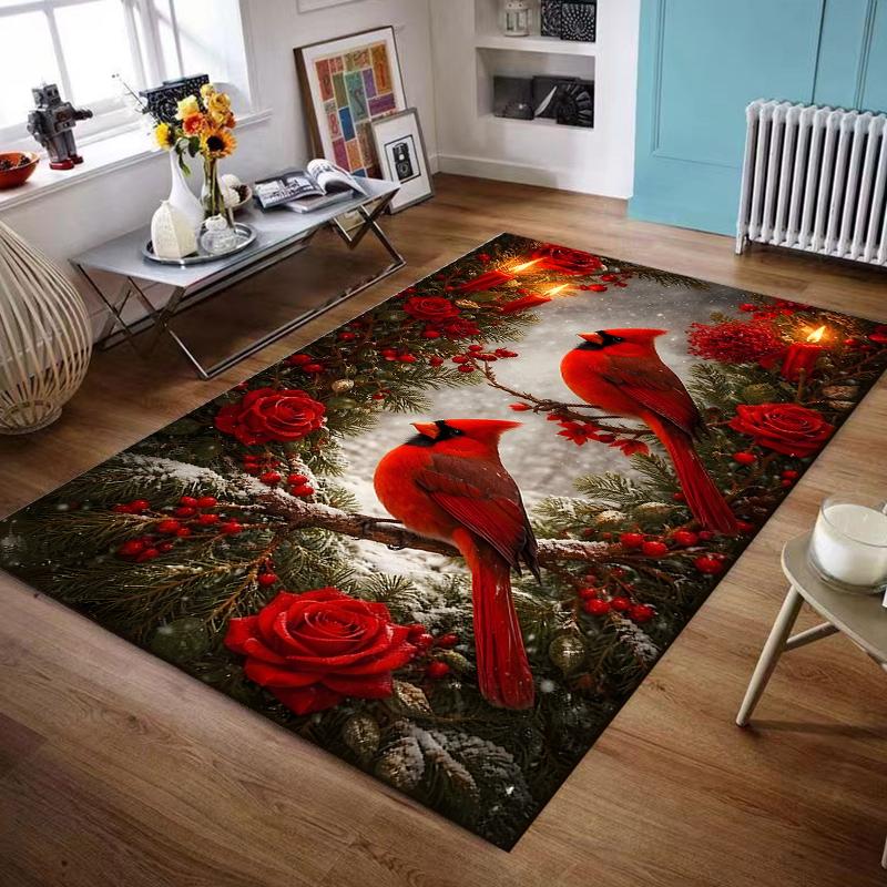 Cardinals and Roses Winter Theme Rug Non-slip rug suitable for living room and bedroom sofas