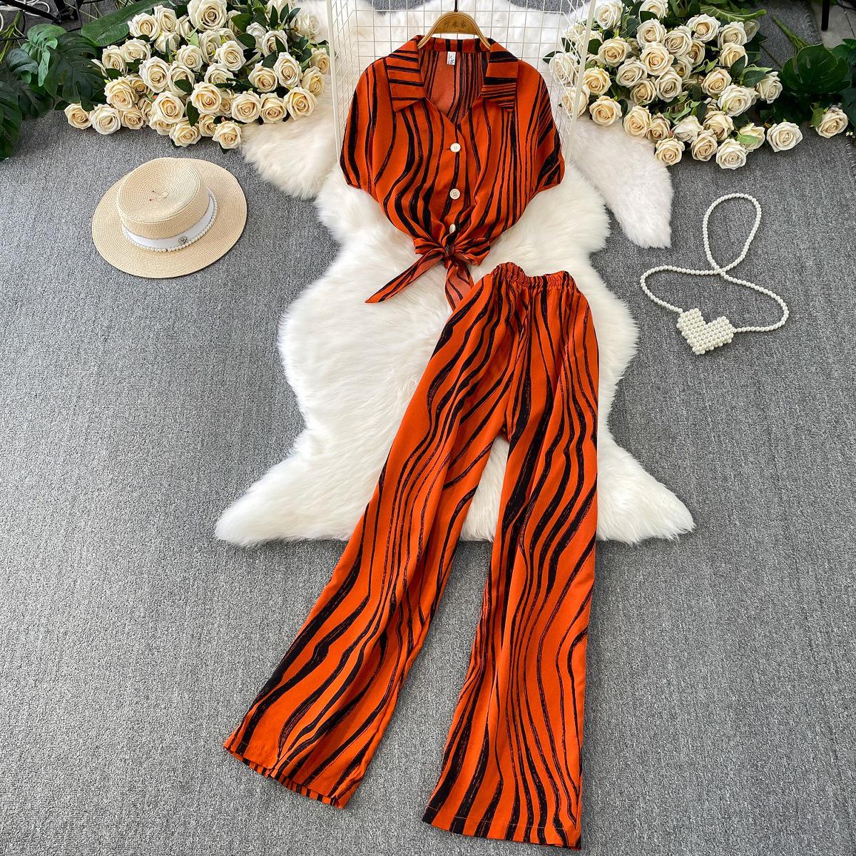 

Cross-Border Hong Kong Style Tie-Waist Striped Shirt & Wide-Leg Pants Set One Size
