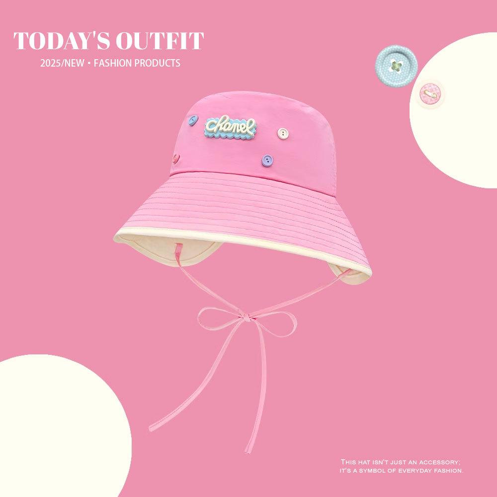 Women's Spring and Summer Travel Japanese Cute Button Quick Drying Letters Fisherman Hat Korean Face Showing Small Sun Protection Basin Hat