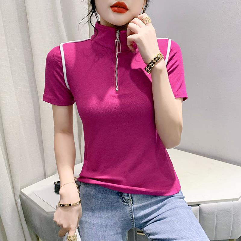 

Европейская женская футболка с воротником-стойкой и молнией до середины, летний дизайн 2023 года, универсальный топ с короткими рукавами 3XL розы красного