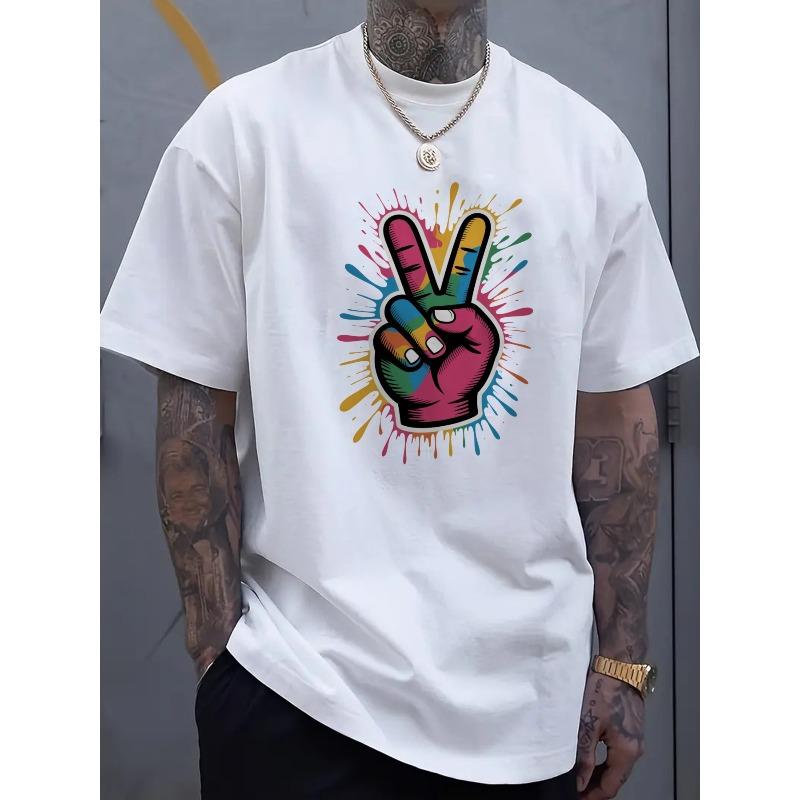 

European sizes Colorful Peace Hand Print T-Shirt 4XL білий