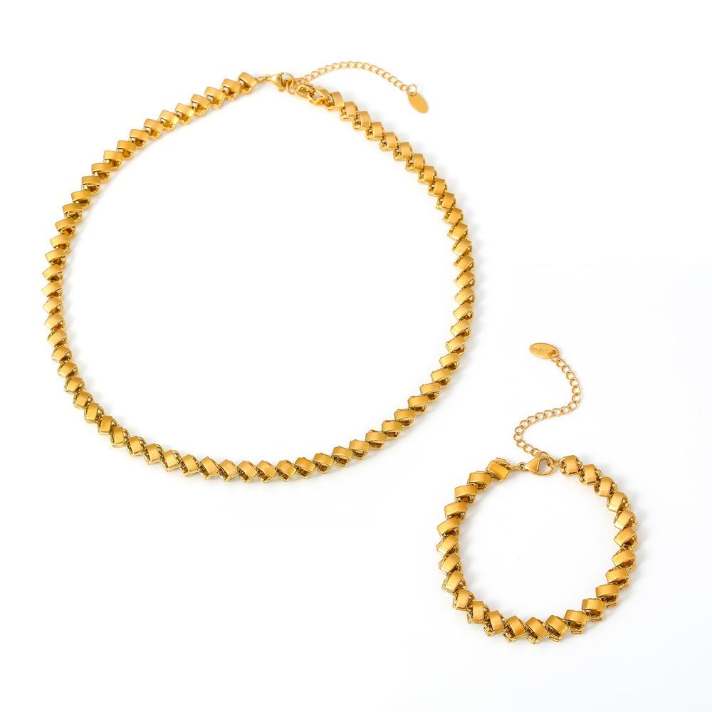 18K Gold Plated Geometric Necklace & Bracelet Set - Copper, Hip Hop Style, Color Retention