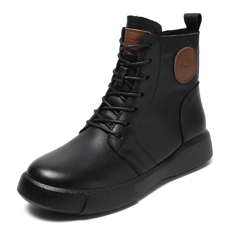 Fashion Winter Premium Black CowhideFlat Women Boots BrownLeather Ankle Boots Side Zipper Motorcycle Boots Pad Foot Sheepskin Womenshoes