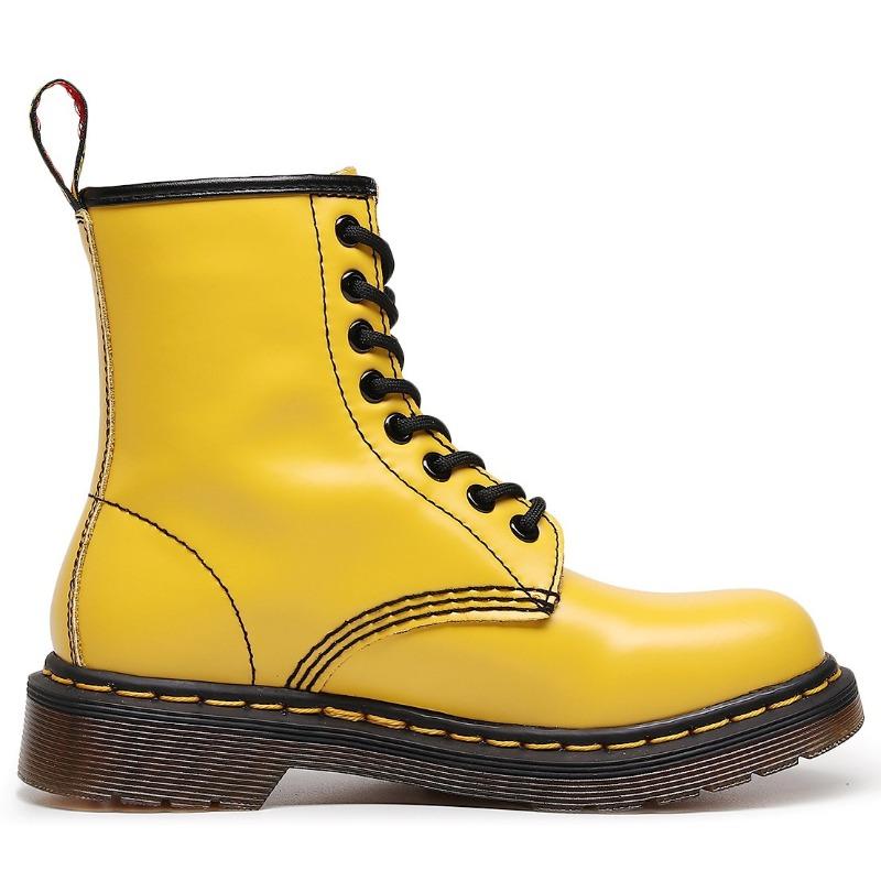 Botas de trabajo de caña alta clásicas de cuero duro con borde abierto y cuentas, botas cortas para hombre y mujer, botas de cuero brillante, zapatos de locomotora de punta redonda