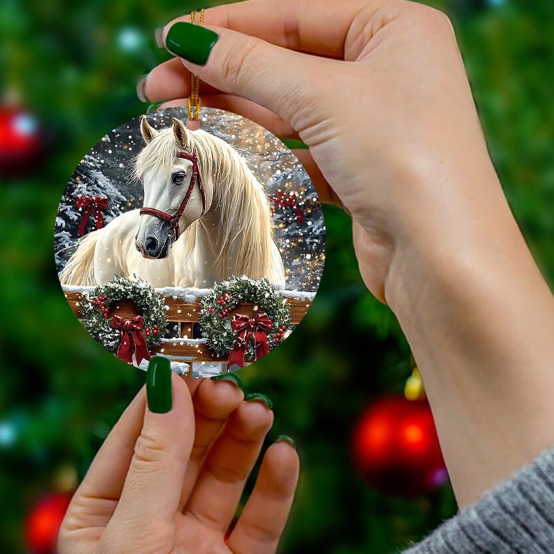 2025 Farmhouse White Horse Christmas Ornament - Acrylic Hanging Tree Decor, Holiday Gift for Women | Farmhouse Christmas Tree Decoration