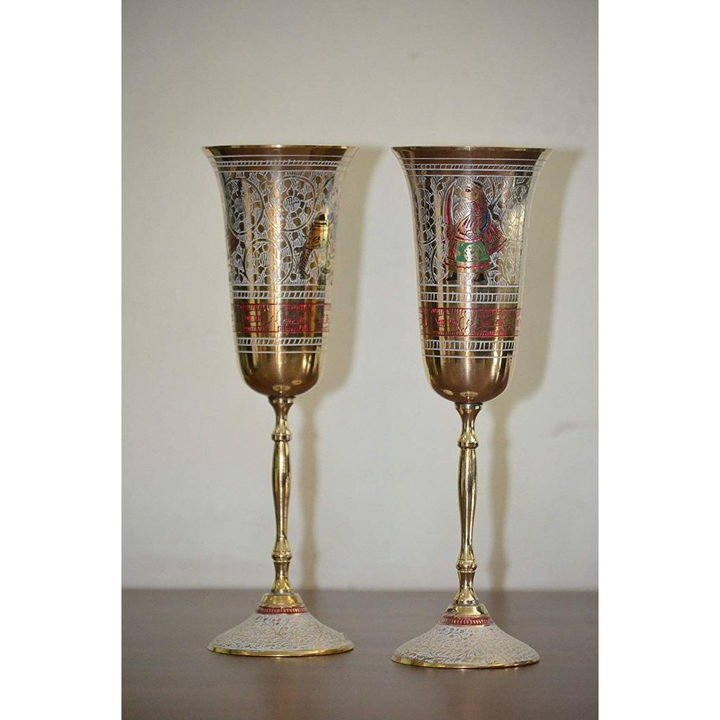 Hand Crafted Metal Brass 6 Wine Glass Set with Aftaba with Nakkashi Work Collectible Art (Multicolour)