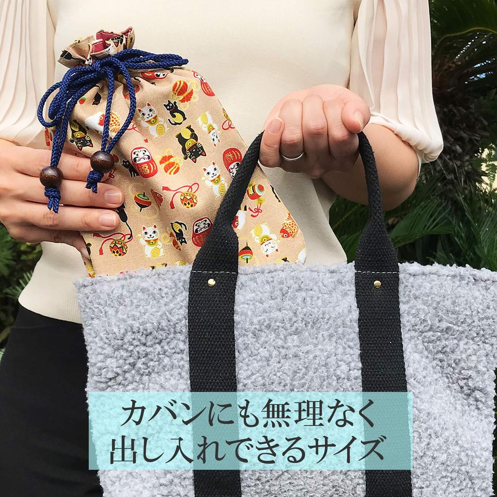 [LamPlanning] Poitto. Kordelzugbeutel, Stempelbuchhülle, Japanisches Zubehör, Hergestellt in Japan, Daifuku-Katzen-Design, Beige