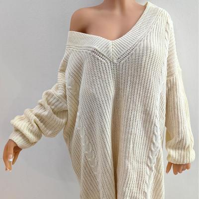 Autumn and Winter Women's Big Size Loose Solid Colour Deep V Sexy Woven Sweater Dresses