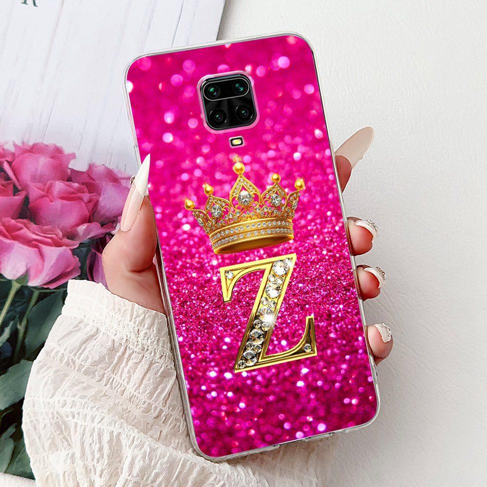Clear Cover For Xiaomi Redmi Note 9s Case Fashion Luxury A-Z Letters Crown Soft TPU Phone Case M2003J6A1G